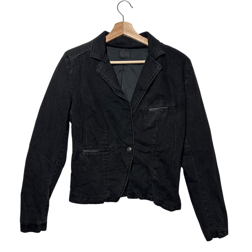 Vtg Diesel G-Baster Black Denim Jacket w/ Leather Trim Lined Single Button S Y2K